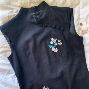 Linen Black Embroidered Midi Qipao Dress 12